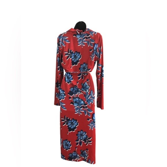 Zara red & blue floral v-neck button front belted‎ midi dress size small new - Picture 12 of 16